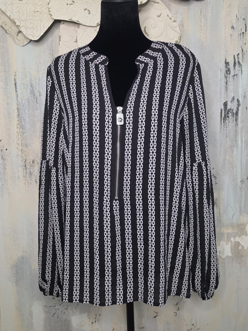 Michael Kors Black & White Chain-Stripe Zip Front Blouse Size Medium